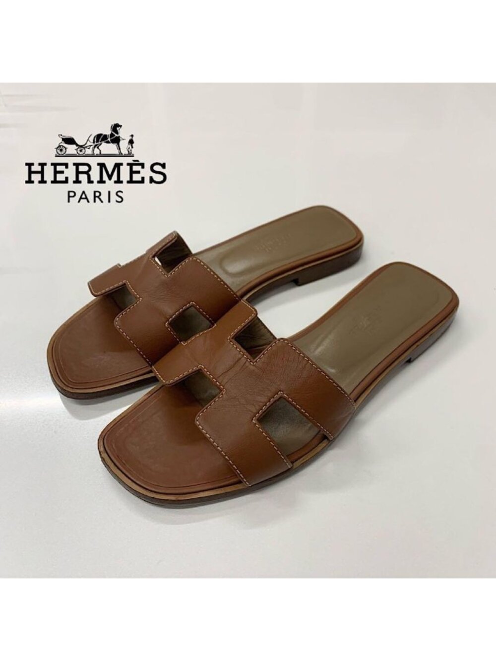 Hermes Oran Leather Sandals Brown